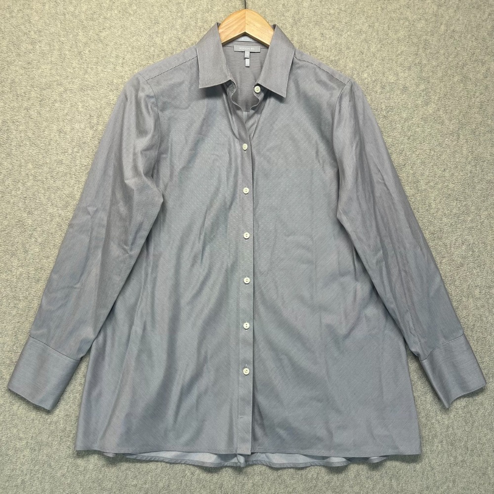 Hinson Wu Womens Button-Up Shirt Gray Striped Luxe Cotton Long Sleeve Size 8